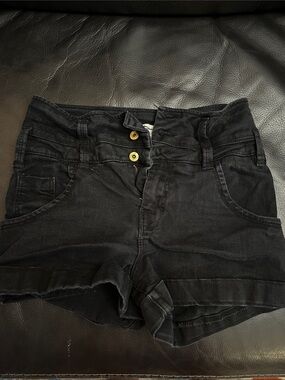 Black High-Rise Women's Denim Shorts with Double-Button Front